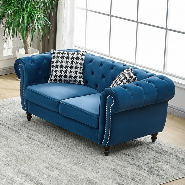 English Elm 67"Chesterfield Velvet 2-Seater Sofa with Nailhead Trim, Roll Arms, Hardwood Frame, Luxurious Comfort Blue W3373S00050