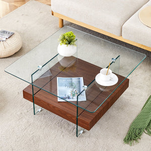 English Elm 31.4 Modern Two-Tier Square Coffee Table with Tempered Glass Top & Walnut Shelf — Stylish Storage W1512P407505