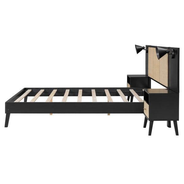 English Elm Queen Solid Wood Bed Frame With 2 Nightstands, Rattan Accents, Built-In Lamps For Cozy Bedrooms N820S00019AAB-GIGA