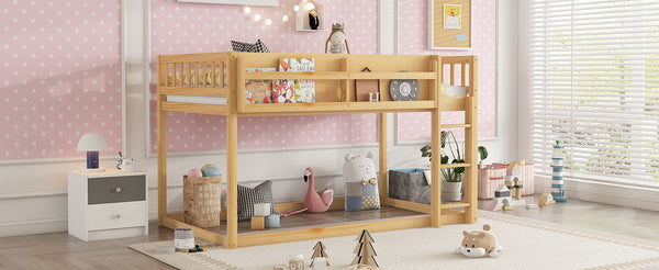 English Elm Low Low Twin Over Twin Bunk Bed with Ladder, Solid Wood Low-Profile Kids Bed Frame, Sturdy Design Natural 81.1 L x 13.58 W x 6.49 H W2593P375492