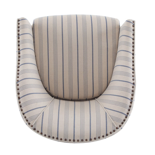 English Elm Christopher Knight Home® - Upholstered Stripe Barrel Chair Beige & Blue Fabric Club Seat with Studs, Plush Cushion, Wood Legs N776P237271S
