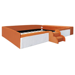 English Elm Queen Velvet Daybed with Built-in Stairs Gas Lift Storage and Padded Safety Rails Brown+White SF000203AAD