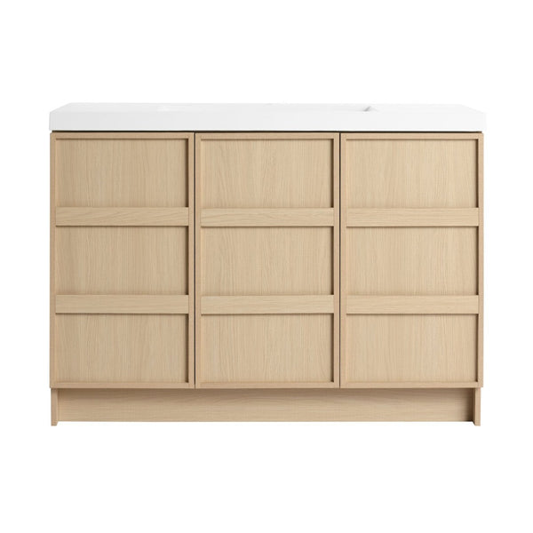 English Elm 48" Floating Bathroom Vanity Dual Ceramic Vessel Sinks Oak Finish Soft Close Doors W999S00511
