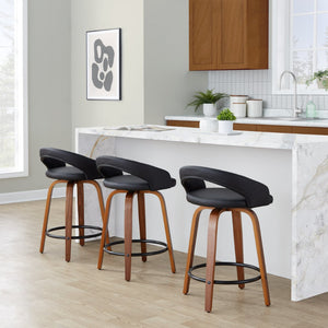 English Elm Fixed-height Swivel Counterstools Walnut Wood Legs Faux Leather Seats Set of 2 B202S01749