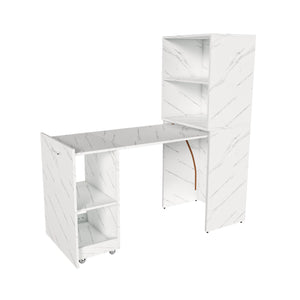 English Elm Stretchable expandable office desk with magnetic fold, lockable casters, adjustable shelves for storage and space-saving White Marble W509P355682
