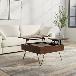 English Elm Hunter Solid Wood Lift Top Square Table with Gold Hairpin Legs and Hidden Storage B136P429092