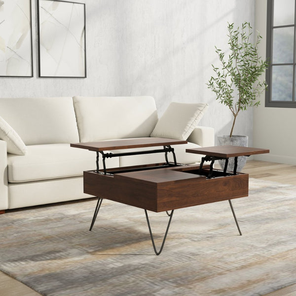 English Elm Hunter Solid Wood Lift Top Square Table with Gold Hairpin Legs and Hidden Storage B136P429092