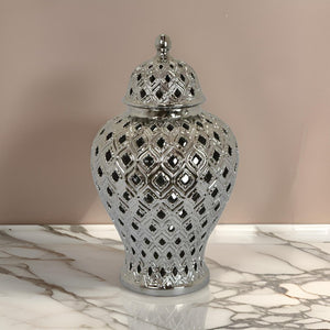 English Elm Deni Silver Porcelain Temple Jar with Pierced Lattice Lid for Mantel or Shelf Display B056P416854