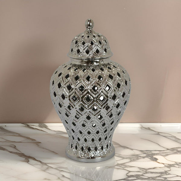 English Elm Deni Silver Porcelain Temple Jar with Pierced Lattice Lid for Mantel or Shelf Display B056P416854