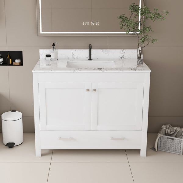English Elm Modern 43" Bathroom Vanity With Carrara White Top - Stylish, Durable Storage & Soft-Close Features W509S00138