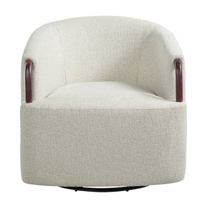 English Elm 30" Boucle Swivel Barrel Chair Wood Accents Sculptural Accent Seating for Any Room N767P422966B