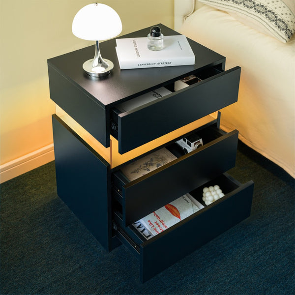 English Elm Led Nightstand with Rgb Acrylic Glow Panel Three Drawers Walnut Bedroom Table Black W2178P412306