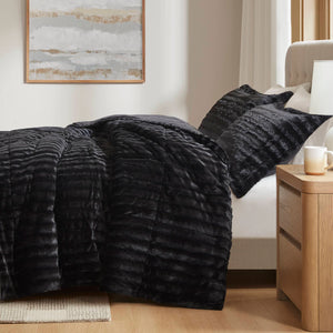 JLA Home Madison Park - Faux Luxe Faux Fur Comforter Mini Set OEKO-TEX Certified Plush Warmth Machine Washable Chic Glamour Black MP10-3065