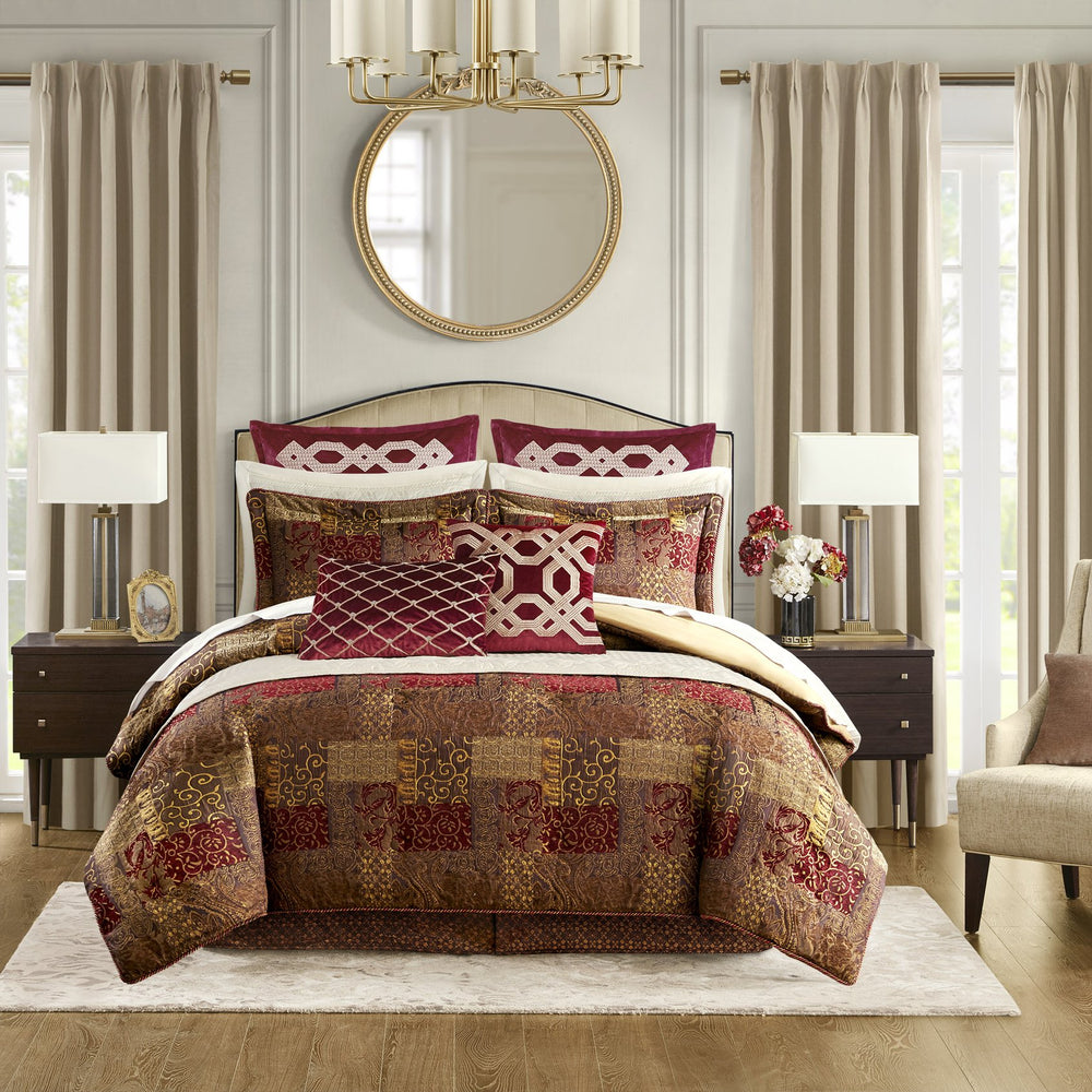 JLA Home Croscill Classics - 4 Jacquard Patchwork Comforter Set — Timeless ornamental motifs, warm deep tones, textured elegance and durability Red CCL10-0011