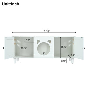 English Elm Modern Wood Cat Cabinet with Sisal Scratcher, Magnetic Litter Box Enclosure with Storage & Hooks, Cream White N843P252373C