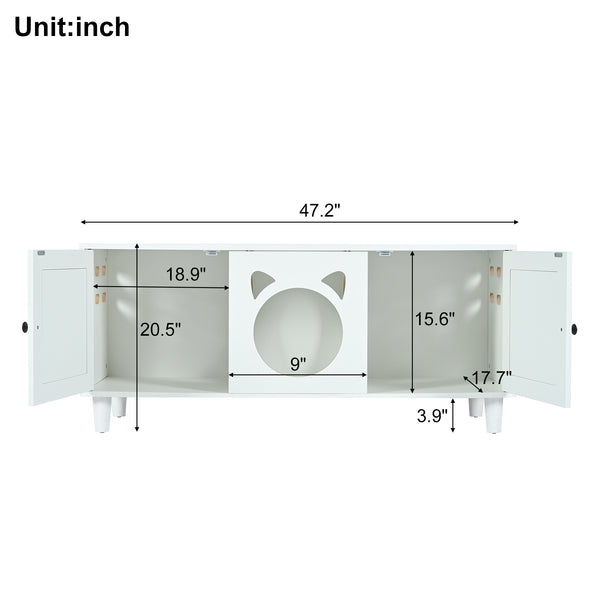 English Elm Modern Wood Cat Cabinet with Sisal Scratcher, Magnetic Litter Box Enclosure with Storage & Hooks, Cream White N843P252373C