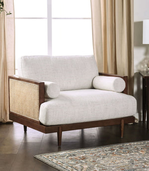 English Elm Beige Mid-Century Modern Chair with Ash Wood Trim, Rattan Panels, Tapered Legs & Plush Cushions B2741P378637