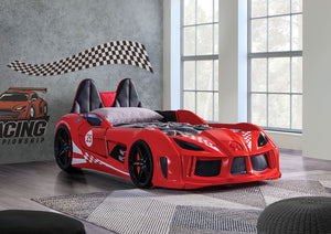 English Elm Modern Race Car Twin Bed with Led Lights Magnetic Doors and Leatherette Upholstery Red B2741S00911