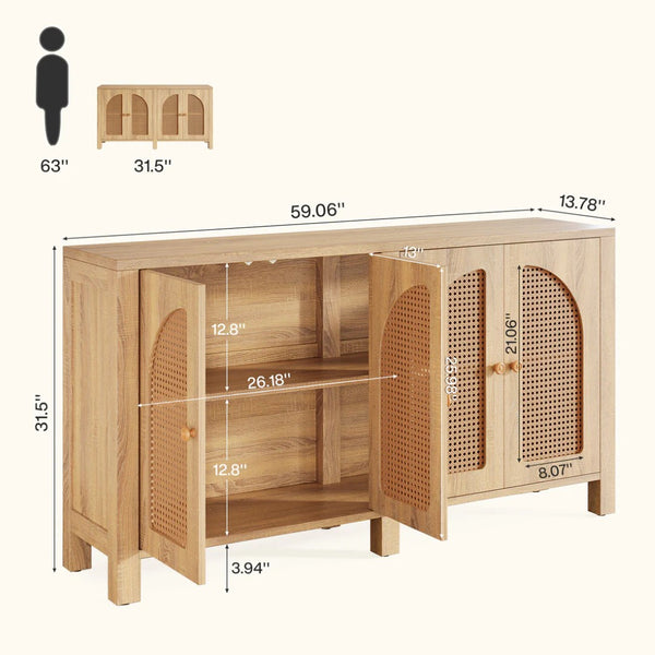 English Elm Rustic Farmhouse Rattan Door Sideboard Wide Buffet Cabinet for Dining or Living Room T3971P462750