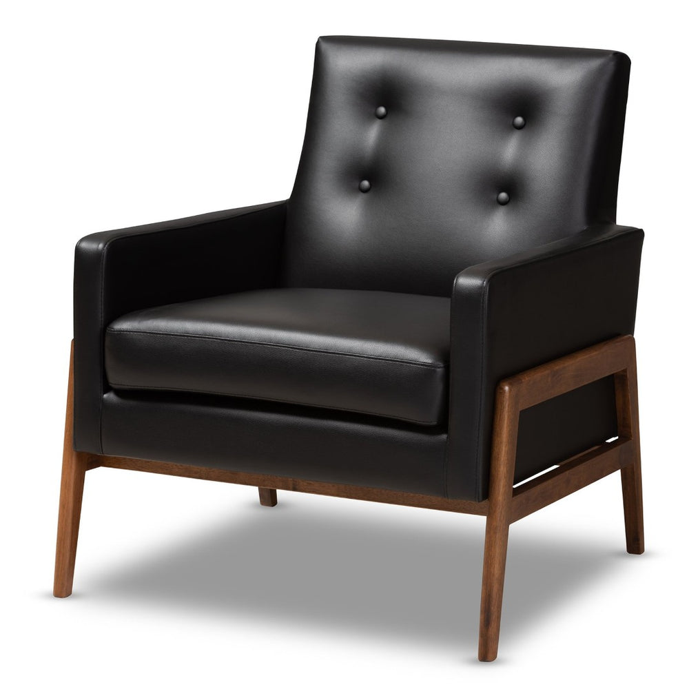 Baxton Studio Baxton Studio Perris Mid-Century Modern Lounge Chair - Black Faux Leather & Walnut Wood Elegance BBT8042-Black-CC