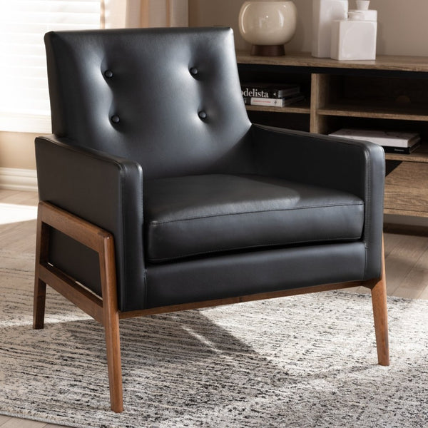 Baxton Studio Baxton Studio Perris Mid-Century Modern Lounge Chair - Black Faux Leather & Walnut Wood Elegance BBT8042-Black-CC