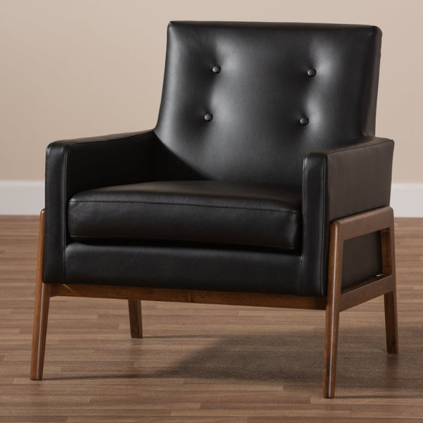 Baxton Studio Baxton Studio Perris Mid-Century Modern Lounge Chair - Black Faux Leather & Walnut Wood Elegance BBT8042-Black-CC