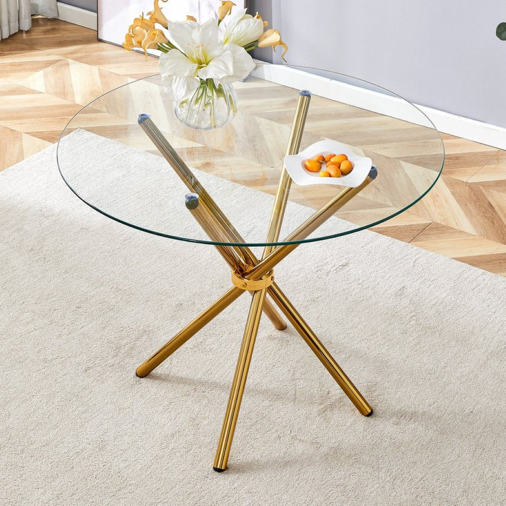 English Elm A Round Tempered Glass Dining Table with Sculptural Black Metal Legs for Modern Spaces W1151P411358