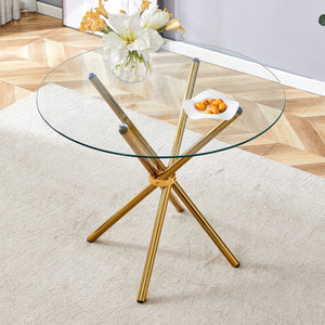 English Elm A Round Tempered Glass Dining Table with Sculptural Black Metal Legs for Modern Spaces W1151P411358