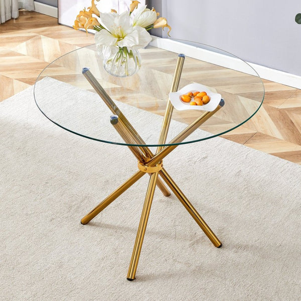 English Elm A Round Tempered Glass Dining Table with Sculptural Black Metal Legs for Modern Spaces W1151P411358