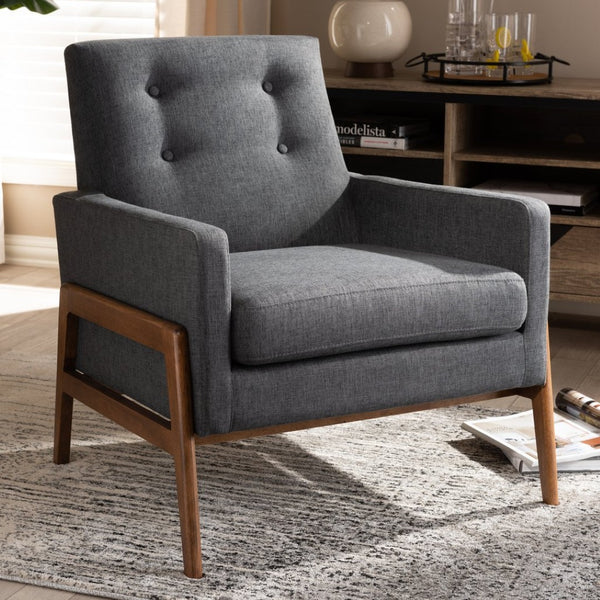 Baxton Studio Baxton Studio Perris Lounge Chair - Mid-Century Modern Dark Grey Upholstered Walnut Frame Comfort BBT8042-Dark Grey-CC