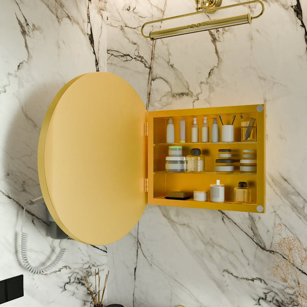 English Elm 23.6 Inch Round Matte Metal Medicine Cabinet with Mirrored Door and Adjustable Shelves Golden W1435P312262