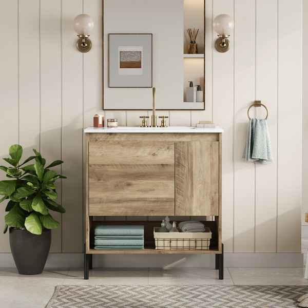 English Elm 30" Modern Wood Bathroom Vanity with Ceramic Sink, Soft-Close Door, Drawer Dividers & Open Shelf N710P247136P