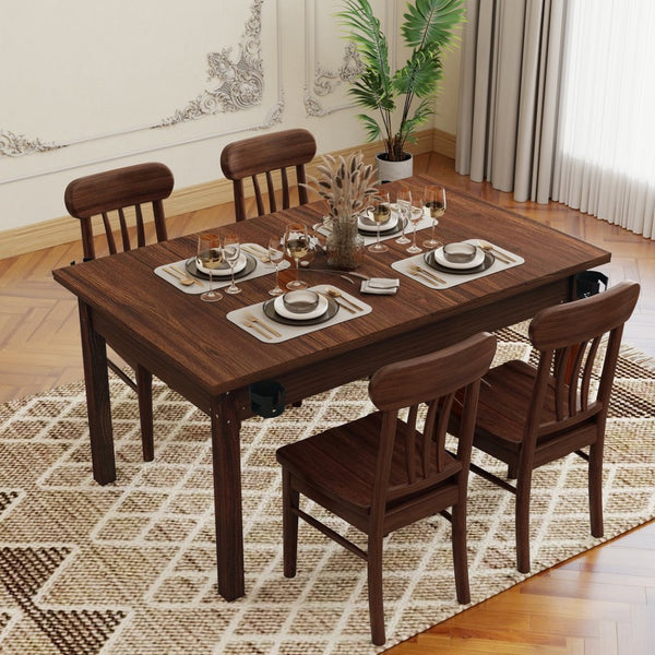 English Elm 63" Convertible Board Game Dining Table Solid Pine Legs Leatherette Mat Seats Six W1120P338188