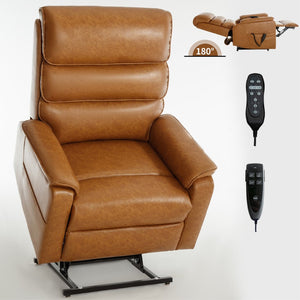 English Elm Dual Motor Power Lift Recliner with Massage Heat and 180 Degree Brown Lounge Chair Yellow Brown W1803S00061
