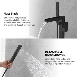 English Elm Thermostatic Black Freestanding Bathtub Faucet Floor Mount Brass Waterfall Tub Filler w/Handshower T3177P277531