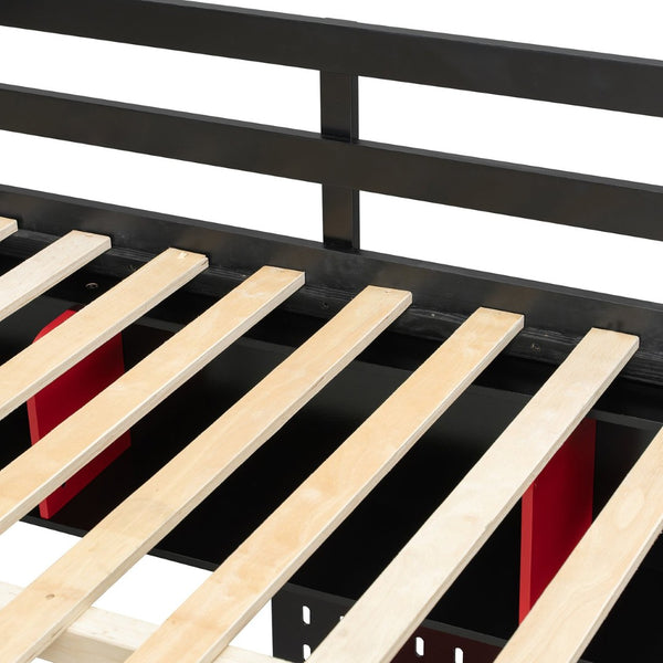 English Elm Full Size Gaming Loft Bed with Built-in Desk Led Lighting Usb Ports and Pegboard Black+Red LT000270AAR