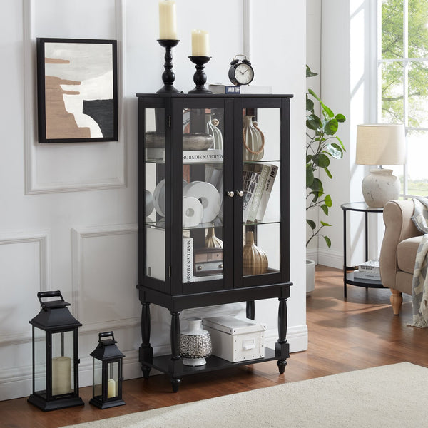 English Elm Curio Lighted Display Cabinet with Mirrored Back, Tempered Glass Doors, Solid Wood Legs, Compact Black W1693P216943
