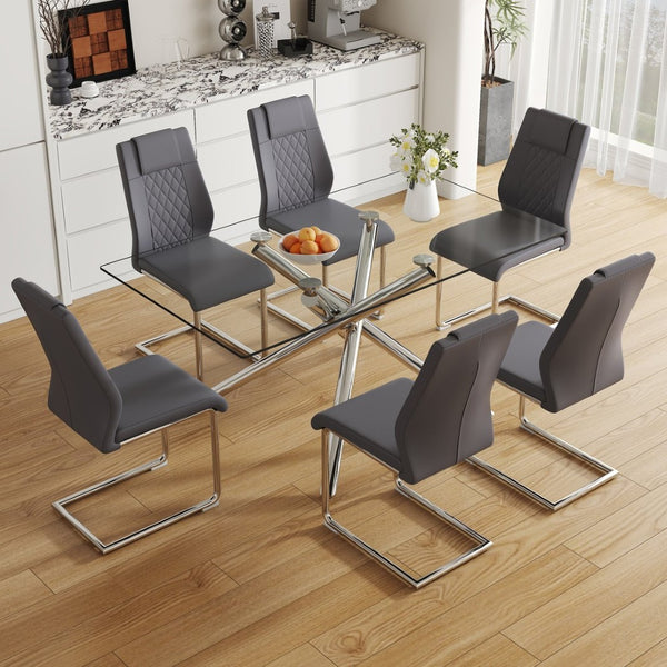English Elm Table - Modern Luxurious Transparent Glass Dining Set With 6 Dark Gray Pu Chairs & Silver Legs W1151S04130-GIGA