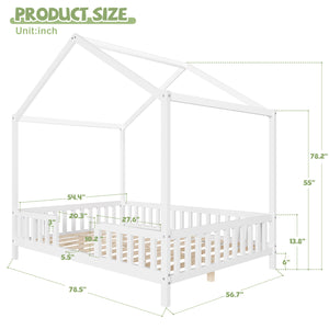 English Elm Montessori House Bed Frame Twin with Canopy & Full Guardrails, Cozy Kids Platform Bed for Toddlers White 77.8 L x 17.25 W x 7 H N733P356048K