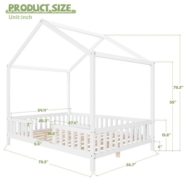 English Elm Montessori House Bed Frame Twin with Canopy & Full Guardrails, Cozy Kids Platform Bed for Toddlers White 77.8 L x 17.25 W x 7 H N733P356048K