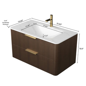 English Elm ZANE 36" Bathroom Vanity with Integrated Hot-Press Sintered Stone Basin, Floating Plywood Cabinet, Soft-Close Drawers and Moisture-Resistant Finish Carrara White,Walnut W2615P360727