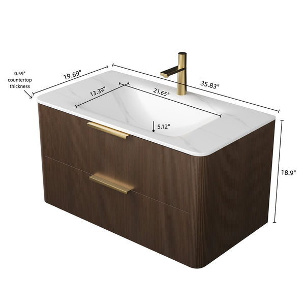 English Elm ZANE 36" Bathroom Vanity with Integrated Hot-Press Sintered Stone Basin, Floating Plywood Cabinet, Soft-Close Drawers and Moisture-Resistant Finish Carrara White,Walnut W2615P360727