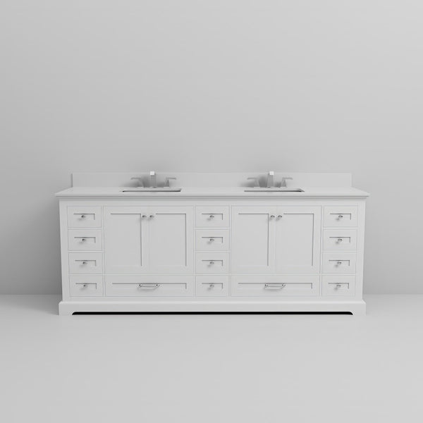 English Elm White Double Bath Vanity 84" W X 22" D With White Quartz Top, Storage Galore & Faucet Set Included B2731P258421-GIGA