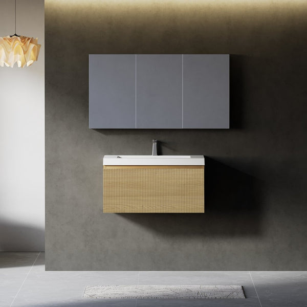 English Elm 30'' Wall Mounted Bathroom Vanity Smoked Walnut Fluted Cabinet Matte Black Basin W1920P385437