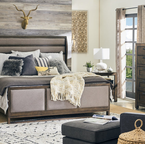 English Elm Arcadia Queen Bed Pine Oak Frame Curved Wing Headboard Upholstered Panel Rustic Modern B108S00047
