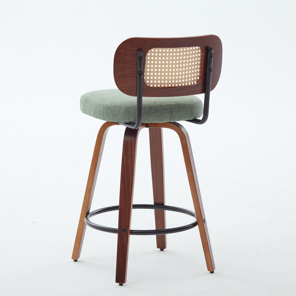 English Elm Set of 2 Swivel Counter Stools Walnut Frame Rattan Back Linen Seat Kitchen Island Light Green W1143P392164
