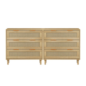 English Elm 3-Drawers Rattan Storage Cabinet Set Of 2 - Stylish Oak Cabinets For Bedroom, Living Room & More! W757S00025