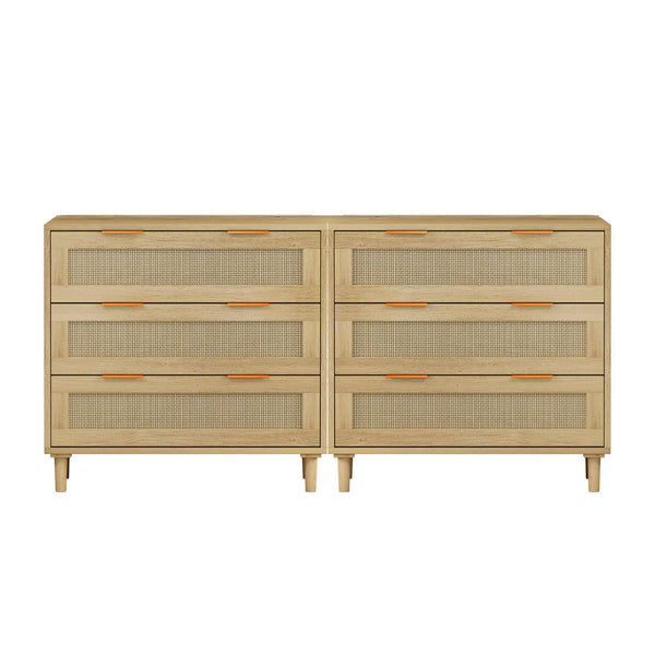 English Elm 3-Drawers Rattan Storage Cabinet Set Of 2 - Stylish Oak Cabinets For Bedroom, Living Room & More! W757S00025