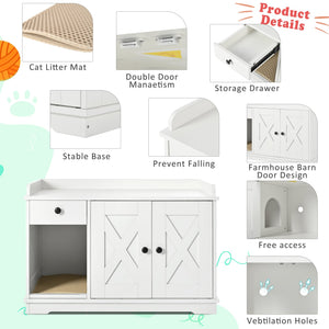 English Elm GO Cat Litter Box Enclosure with Storage Drawer & Mat, Farmhouse White Indoor Cat House Side Table N704P265258K