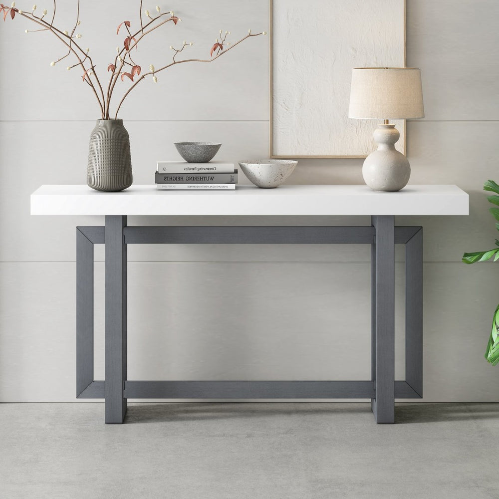 English Elm U_style Farmhouse Console Table with Three Drawers Open Shelf Entryway Organizer Dark Gray+White N711P410422M